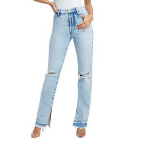 Good American Good Boy Ripped High Waist Side Slit Raw Hem Jeans in Indigo 340